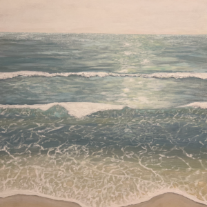 Original coastal sunrise painting with turquoise ocean reflections by LaLita King