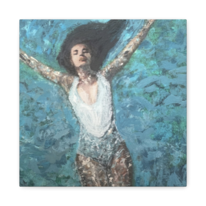 Textured acrylic painting print of a woman floating peacefully on her back in deep teal ocean water with outstretched arms.