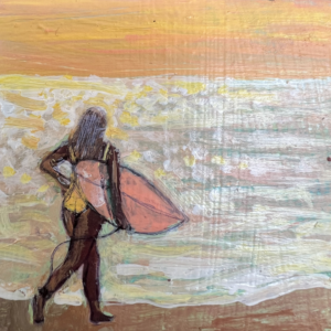 Afterlight, a 2×2 inch original mixed media painting by Lalita King depicting a lone surfer walking toward the ocean beneath the warm glow of evening light.