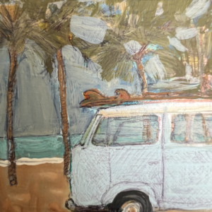 Palm Stop, a 2×2 inch original mixed media painting by Lalita King depicting a vintage surf van parked beneath palm trees beside the ocean.