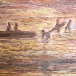Distant Break, a 2×2 inch mixed media Studio Mini original by Lalita King depicting a distant shoreline beneath a layered coastal sky.