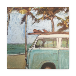 Acrylic painting of a vintage blue surf van parked on a beach with palm trees and ocean background