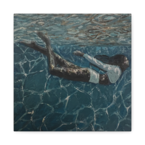 Underwater Drift by Lalita King, an underwater swimmer surrounded by shimmering light and quiet blue water, available as a limited edition fine art print and canvas.