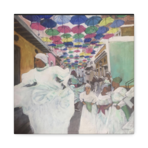 Acrylic painting print of traditional Bomba dancers in white dresses performing on a historic cobblestone street under colorful floating umbrellas in Old San Juan, Puerto Rico